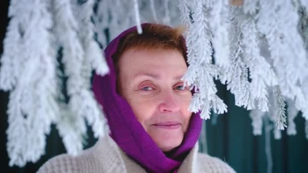 Karlı Köknar Dallarıyla Kaplı Kışın Giyinmiş Olgun Yaşlı Kadın Portresi — Stok video