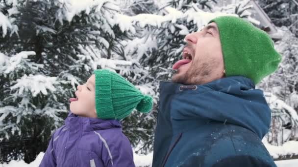 Padre Hijo Pequeño Atrapando Copos Nieve Por Boca Aire Libre — Vídeos de Stock