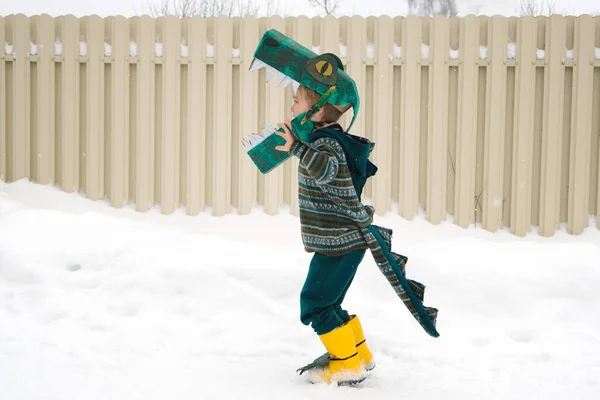 雪の道を歩く手作りの段ボール繊維恐竜やワニの衣装で面白い小さな子供 — ストック写真