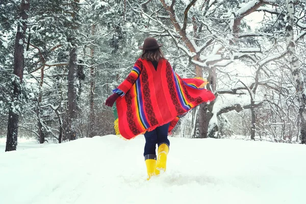 カラフルなウールの民族ポンチョを着た女性の後ろからの眺めと雪の冬の森の中を走る帽子 ボホスタイルのファッション 寒い季節に自然を楽しむ — ストック写真