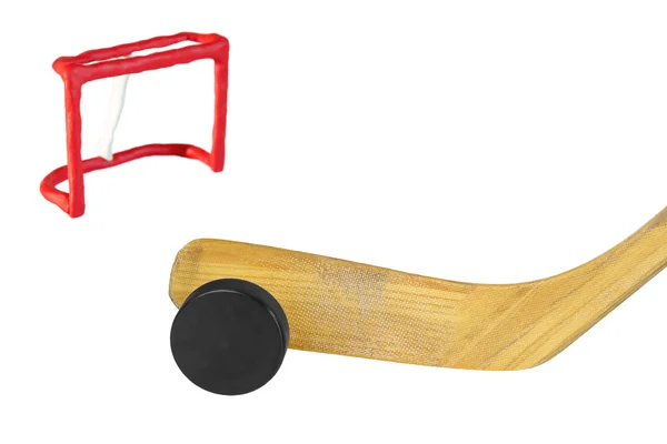 Hokey sopası, puck ve gol — Stok fotoğraf