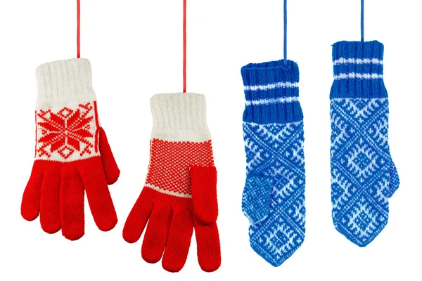 Blue and red knitted mittens — Stock Photo, Image