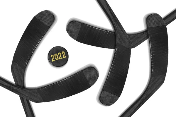 Hockey Accessoires Und Puck Auf Weißem Hintergrund Konzept Hockey Hintergrundbilder — Stockfoto