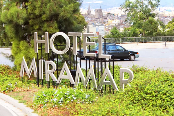 Signboard Miramar Hotel and view of Barcelona in Barcelona, Spain — Stock Photo, Image