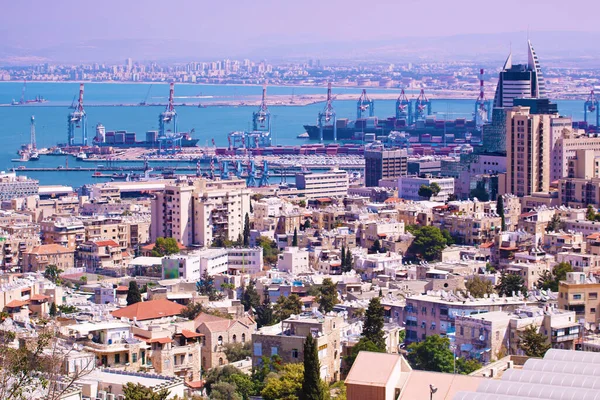 Panoramautsikt Över Hamnen Haifa Med Centrum Haifa Hamnen Industriområdet Solig — Stockfoto