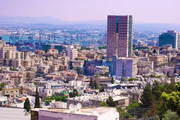Panoramautsikt Över Hamnen Haifa Med Centrum Haifa Hamnen Industriområdet Solig — Stockfoto