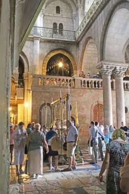 Jerusalem, Israel - September 20, 2017: Interior of church of the Holy Sepulchre. According to traditions dating back to the 4th century, it contains the two holiest sites in Christianity: the site where Jesus was crucified, at a place known as Calva