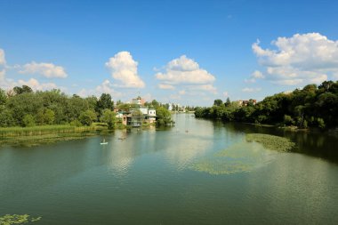 View of Southern Bug river and a church of Blessed Xenia of St. Petersburg in Vinnytsia, Ukraine