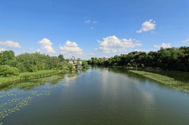 View of Southern Bug river and a church of Blessed Xenia of St. Petersburg in Vinnytsia, Ukraine