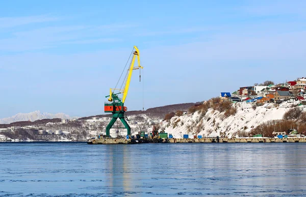 Petropavlovsk Kamchatsky Rússia Fevereiro Guindaste Container Porto Movimento Vertical Carga — Fotografia de Stock