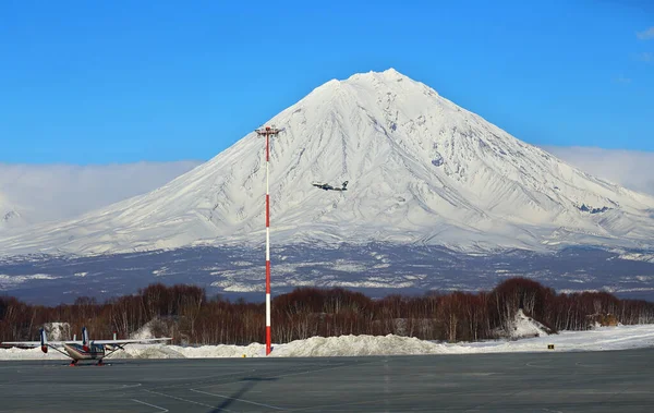 Petropavlovsk Kamchatsky Rusko February Letadla Letiště Pozadí Zasněžených Hor Února — Stock fotografie