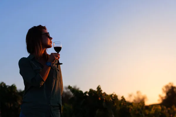 Half Silhouet Van Een Meisje Met Wijnglas Bij Zonsondergang Natuur — Stockfoto
