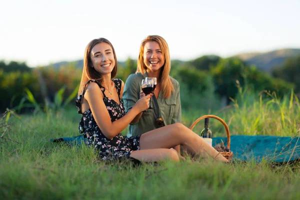漂亮的姑娘在葡萄园附近的田里品酒 庆祝成功的收获季节 夫妇有一个浪漫的约会 农村旅游概念 — 图库照片