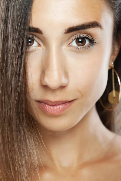 Hermosa Chica Morena Estudio Retrato Expresión Facial Sonriente —  Fotos de Stock