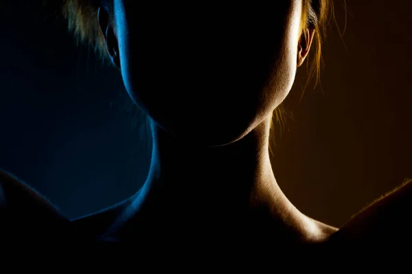 美しいブルネットの女の子のシルエットの輪郭 サイドライトスタジオポートレート暗い背景 — ストック写真