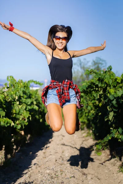 Güzel Bir Kız Üzüm Bağında Eğleniyor Zıplıyor Kırsal Turizm Kavramı — Stok fotoğraf