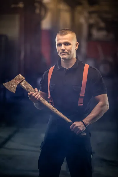 Firefighter Portrait Wearing Shirt Red Throuser Suspenders Holding Axe Smoke — Stock Photo, Image