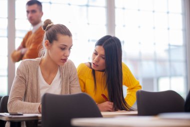 Öğrenciler sınıfta bir öğretim görevlisini dinliyor. Akıllı genç kızlar konuşuyor ve birbirlerine tavsiye veriyorlar..