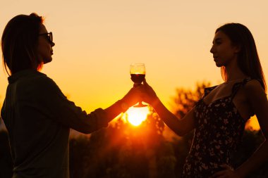 Gün batımında üzüm bağları yakınlarında şarap kadehiyle tezahürat yapan güzel kızların silueti. Başarılı hasat sezonunu kutluyoruz. Çiftin romantik bir randevusu var...