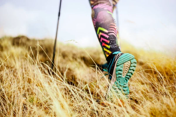 Wandelend Meisje Een Bergweide Low Angle View Van Generieke Sportschoenen — Stockfoto