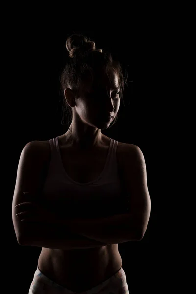 Stúdió Portré Egy Fitt Lányról Félig Sziluett Oldalsó Megvilágított Fitness — Stock Fotó