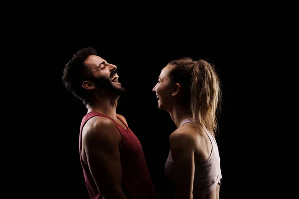 Fit Couple Posing Together Boy Girl Side Lit Silhouettes Black — Stock Photo, Image