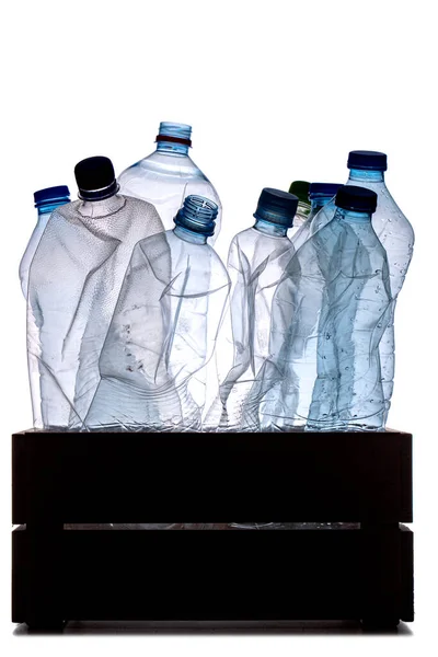 Group Smashed Plastic Water Bottles Wooden Crate Recycle Concept Studio — Stock Photo, Image