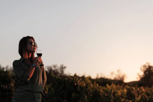 Half Silhouet Van Een Meisje Met Wijnglas Bij Zonsondergang Natuur — Stockfoto