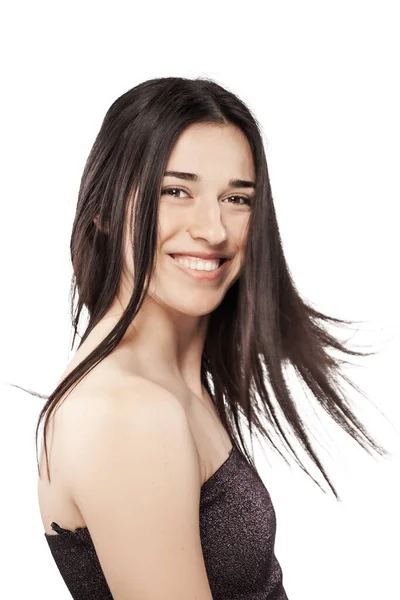 Retrato Estudio Una Hermosa Chica Morena Sonriendo Contra Fondo Blanco —  Fotos de Stock