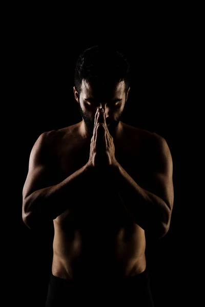 Side Lit Muscular Caucasian Man Silhouette Athlete Praying Black Background — Stock Photo, Image