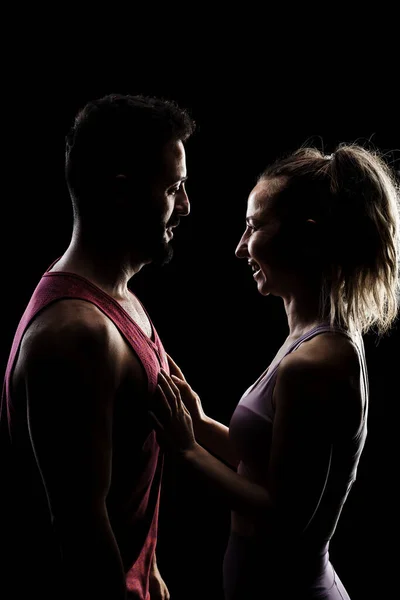 Fit Couple Posing Together Boy Girl Side Lit Silhouettes Black — Stock Photo, Image