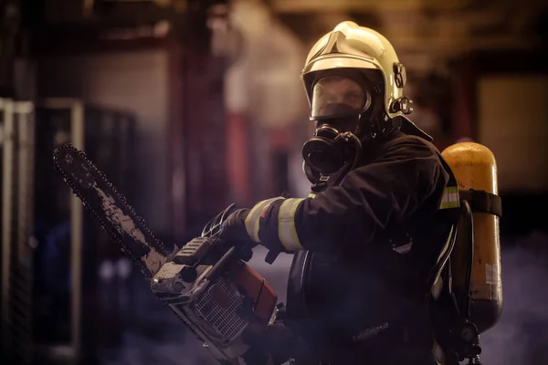 Firefighter Portrait Wearing Full Equipment Oxygen Mask Chain Saw Smoke — Stock Photo, Image