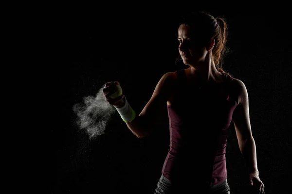 Tennis Player Girl Magnesium Powder Her Hands Grabbing Ball Dust — Stock Photo, Image
