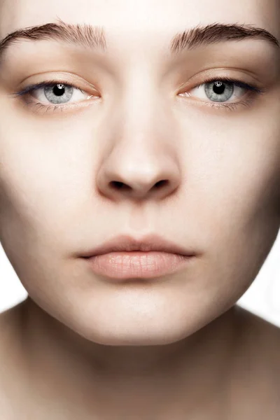 Close Face Studio Portrait Beautiful Young Woman White Backgroung — Stock Photo, Image