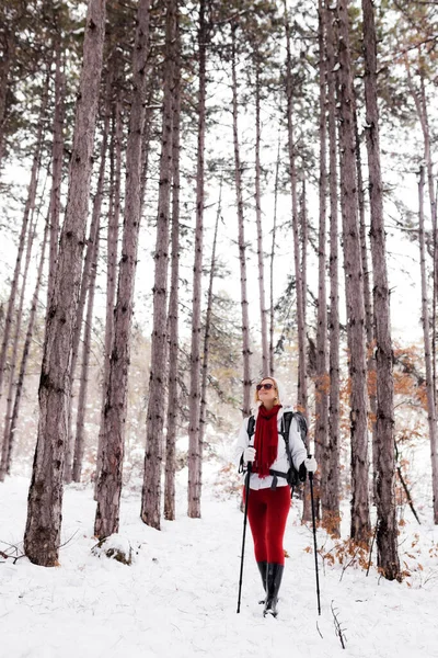 Fille Tenue Rouge Blanche Randonnée Dans Une Forêt Avec Neige — Photo