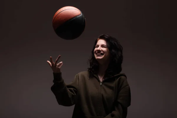 Teenage Girl Dental Braces Holding Basketball Studio Portrait Dark Background — Stock Photo, Image