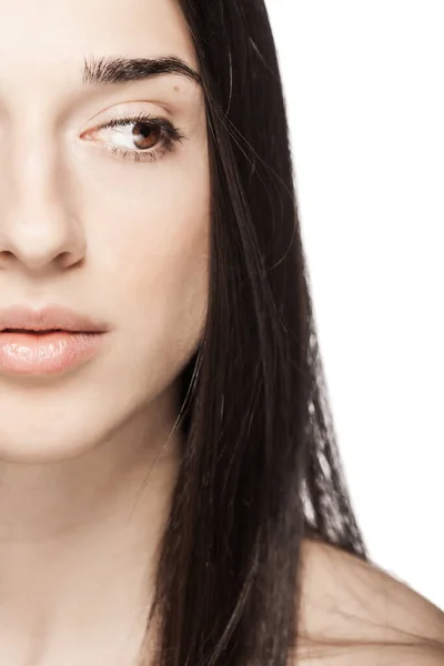 Retrato Estudio Una Hermosa Chica Joven Contra Fondo Blanco Mirando —  Fotos de Stock