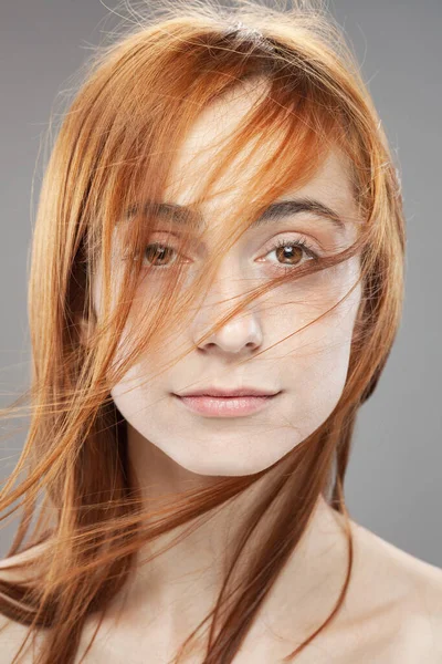 Beautiful Dark Burnt Orange Windy Hair Girl Studio Portrait Serious — Stock Photo, Image