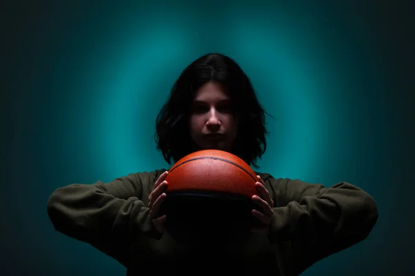 Teenage Girl Basketball Studio Portrait Neon Blue Colored Background — Stock Photo, Image