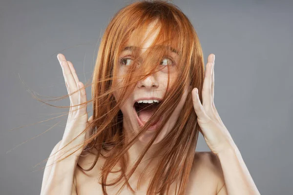 Beautiful Dark Burnt Orange Windy Hair Girl Studio Portrait Surprised — Photo