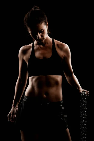 Strong Fit Girl Metal Chain Pulling Posing Black Background — Stock Photo, Image