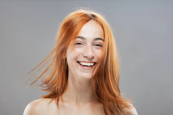 Beautiful Dark Burnt Orange Windy Hair Girl Smiling Studio Portrait — Stock Photo, Image