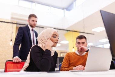Modern bir ofis alanında bilgisayar üzerinde çalışan çok ırklı meslektaşlar. Çeşitlilik ve başarı kavramı.