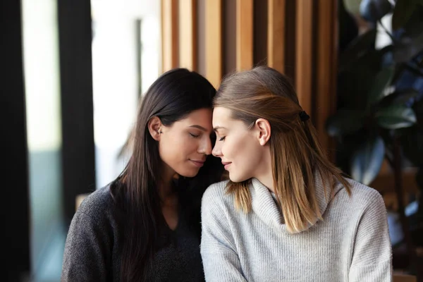 Bir Kafede Iki Güzel Kız Birbirlerine Göz Kapakları Kapalı Eşlik — Stok fotoğraf