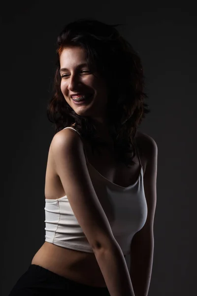 Beautiful Tenage Girl Dental Braces Studio Portrait Dark Background —  Fotos de Stock