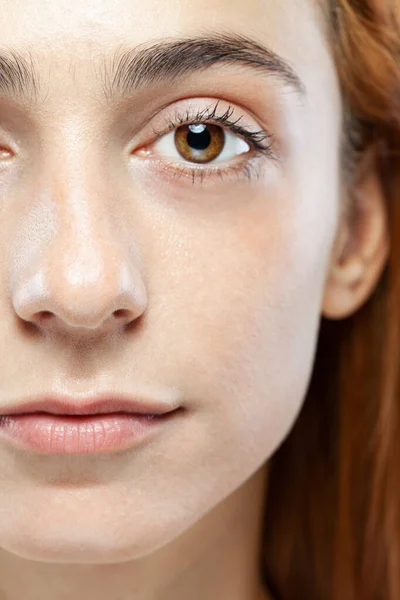 Hermosa Chica Pelo Naranja Quemado Oscuro Mirando Cámara Retrato Estudio — Foto de Stock