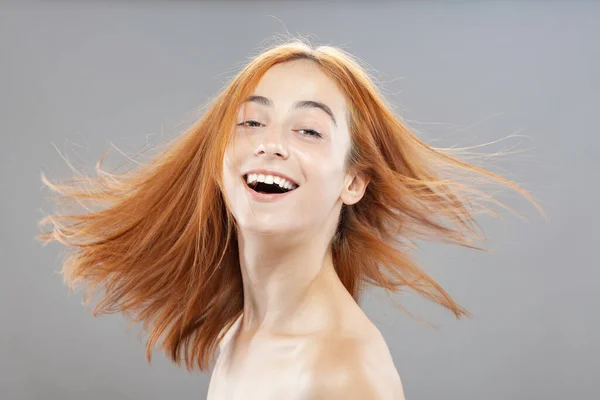Beautiful Dark Burnt Orange Windy Hair Girl Smiling Studio Portrait — Stock Photo, Image