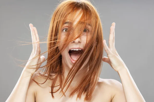 Beautiful Dark Burnt Orange Windy Hair Girl Studio Portrait Surprised —  Fotos de Stock