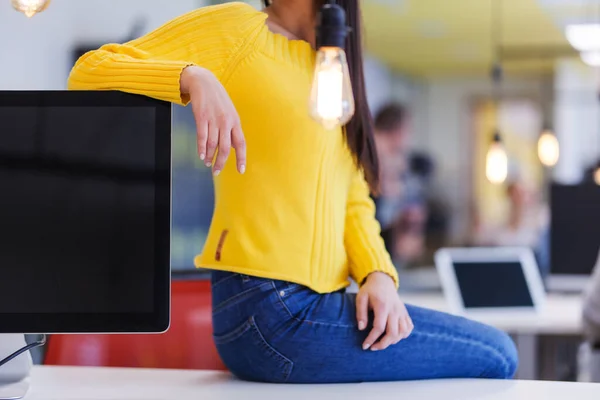 Girl Yellow Blouse Posing Table Computer Screen Office Abstract Body — стоковое фото