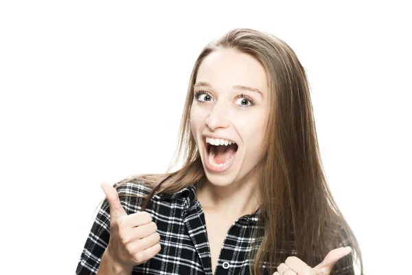 Happy Positive Brunette Girl Shirt Cheering Thumbs Gesture Looking Camera — Stock Photo, Image